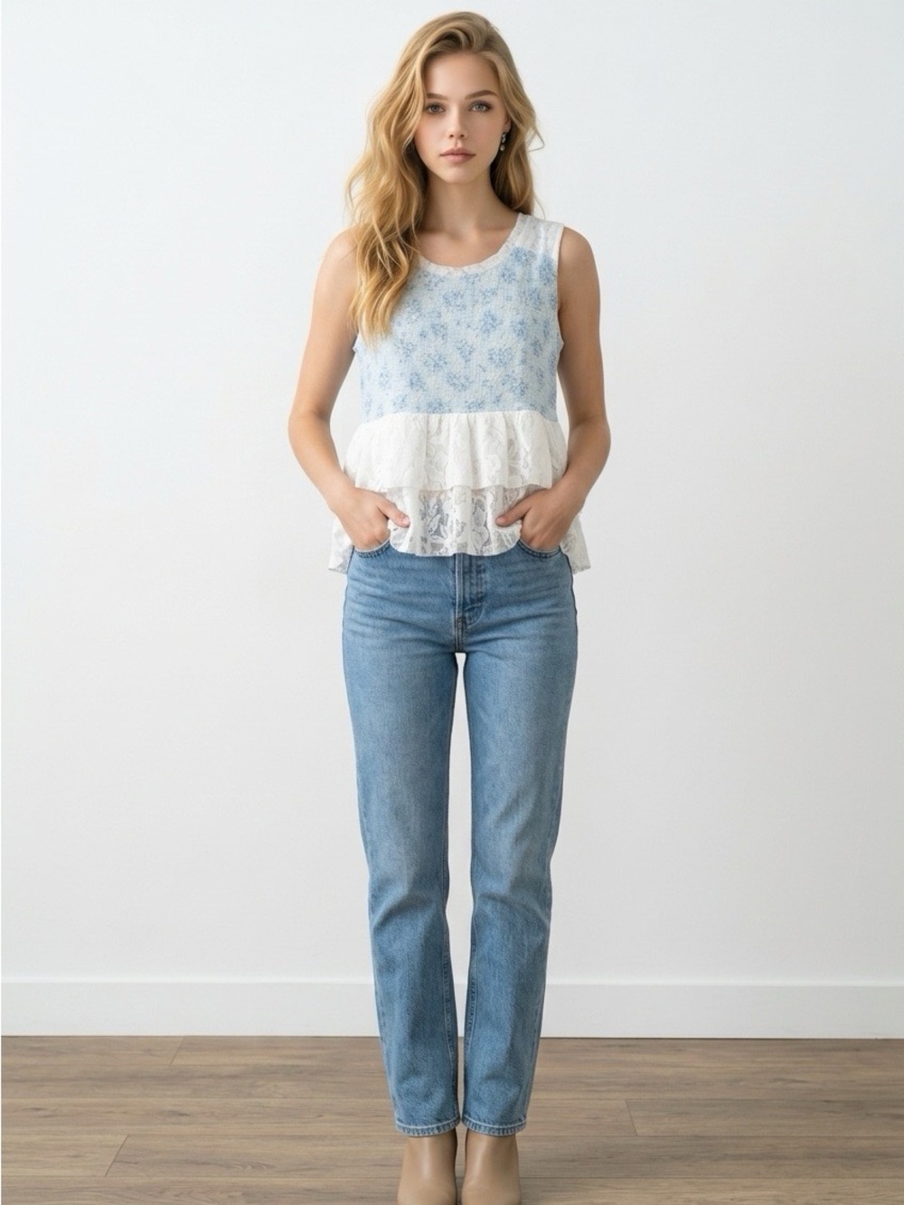 POL Blue Floral Lace Peplum Sleeveless Top - Large (NWOT)